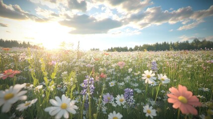 Serene Field of Wildflowers During a Golden Sunset in the Countryside