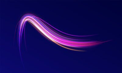 Acceleration speed motion on night road.  Colorful Light Trails, Long Time Exposure Motion Blur Effect. Abstract fire flare trace lens flares acceleration speed motion on night road. 