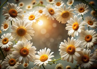 Fototapeta premium Low Light Photography of Chamomile Flowers in a Rounded Frame with Blooming White Petals against a Soft White Background Perfect for Minimalistic Aesthetic Spaces