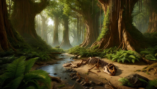 Jurassic jungle, ancient ferns, dinosaurs bone, trees with a river