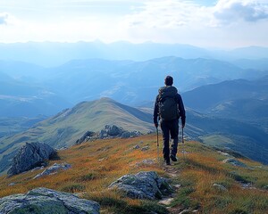 Fototapeta premium A young male hiker with a backpack, trekking across a mountain range on a bright sunny day, with expansive views and a clear sky, highdefinition detail