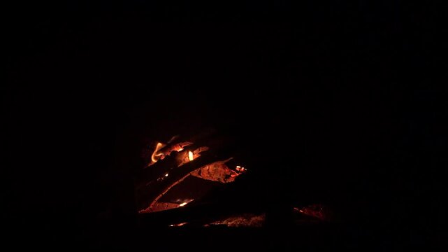 The fireplace in the house burns like a bonfire on natural wood and branches from the forest. The fire is actively burning, a tree falls and flares up