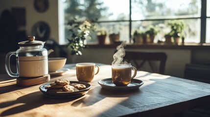 Fototapeta premium A casual family tea ceremony in a kitchen featuring mugs of steaming tea cookies on a plate and cheerful sunlight streaming through the windows