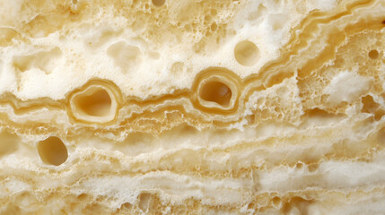 Obraz premium Close-up of honey onyx stone texture. Layers of creamy white and amber hues with porous, cavernous details. Natural stone background.