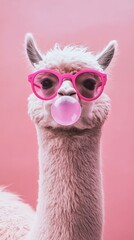 A Playful Alpaca Blowing a Bubble Gum Bubble While Wearing Bright Pink Sunglasses