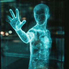 10 Prompts: Waving Man with Holographic Body, Welcoming Atmosphere