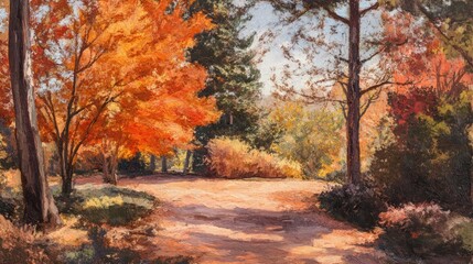 Fototapeta premium Autumn pathway winding through a tranquil forest surrounded by vibrant orange and red maple trees, showcasing a serene park landscape.