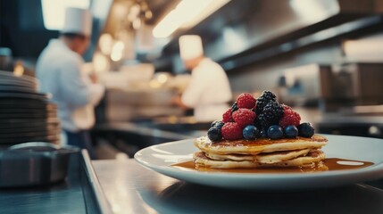 A plate of fluffy pancakes topped with fresh berries and syrup resting on a professional kitchen counter chefs bustling in the background