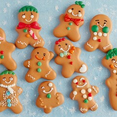 Naklejka premium Gingerbread Cookies: Sweet Holiday Treats in Fun Shapes Like Gingerbread Men and Trees – Baked with Icing, Candy, and Spice, Perfect for Christmas Decorations and Homemade Festive Snacks
