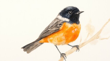 Fototapeta premium Male common redstart perched on a branch showcasing vibrant orange underparts and striking black and white head feathers against a neutral background.