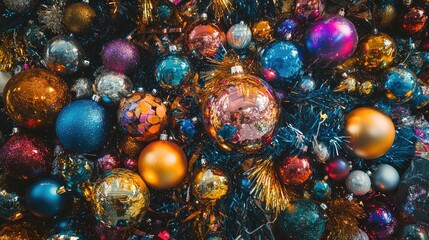 An assortment of Christmas ornaments and festive decorations spread out on a table, featuring shiny baubles, tinsel, and ribbons, ready for holiday decorating