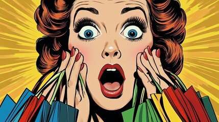 Amazed Pop Art Woman with Shopping Bags 