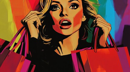 Amazed Pop Art Woman with Shopping Bags 