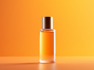 Fototapeta premium Amber Perfume Bottle on Orange Background. Luxury Fragrance Concept.