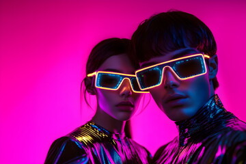 Group of young men and women in glowing neon glasses on a bright pink background. Virtual reality, computerization.