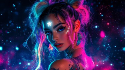 Fototapeta premium Cyberpunk style portrait of a young woman with vibrant hair and glowing makeup against a cosmic backdrop.