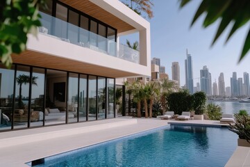 Fototapeta premium This image presents a stylish modern home with a stunning pool and an impressive skyline view, combining luxury living with a serene outdoor atmosphere for relaxation.