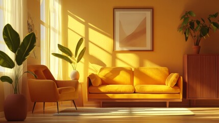 Fototapeta premium A sunny interior scene with a vibrant yellow sofa, a cozy armchair, a potted green plant, and a small vase displayed on a sleek storage cabinet
