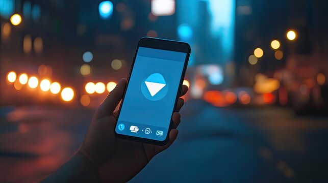 A hand holding a phone displaying the Telegram app, with vibrant chat icons and group features highlighted in the background.