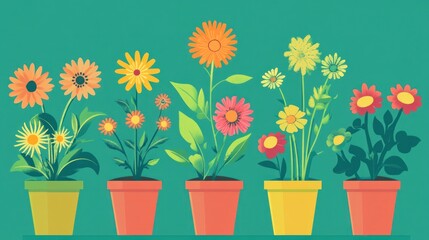 Vibrant Potted Flowers: A Colorful Collection of Blooming Gerbera Daisies and Other Spring Flowers in Terracotta and Yellow Pots