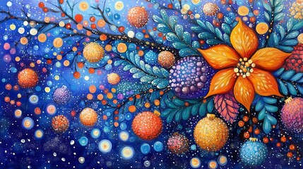 Christmas illustration card in red, yellow, orange, green tones