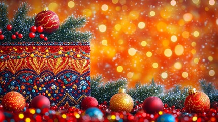 Festive Christmas-themed composition featuring two intricately painted ornaments in vibrant orange, pink, and blue tones with dotted patterns. Christmas card