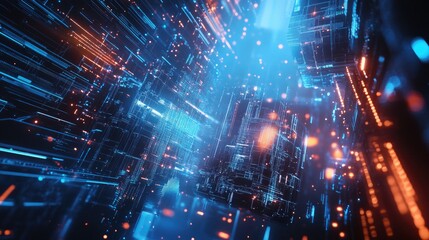 Obraz premium A high-tech global map overlaid with luminous data points and holographic graphs; 3D visualization, blue neon and white contrasts, sharp details