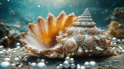 Obraz premium Here's a description and keywords for the image.. Ocean treasure A large seashell adorned with pearls rests on a sandy seabed.