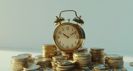 Golden Alarm Clock with Coin Stacks
