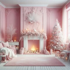 Transcendent Pink. Cozy room with a fireplace and a christmas tree