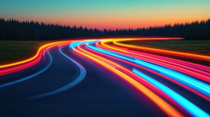 Naklejka premium Colorful Light Trails on Scenic Road at Dusk with Forest Background