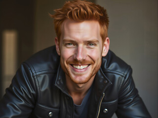 Fototapeta premium Portrait of smiling ginger man with a leather jacket showing teeth
