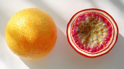 Close-up shot of a whole orange and a halved passion fruit. The vibrant colors and textures of the...