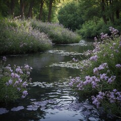 A patch of soft, pale lavender flowers swaying gently by a calm river, surrounded by green trees.