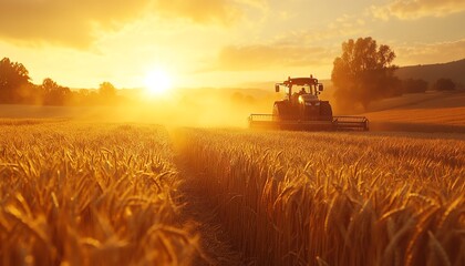 Obraz premium A tractor harvesting wheat in a sunlit field at sunset, with warm light enveloping the scene, creating a nostalgic and tranquil moment of agricultural work