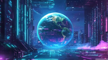 Obraz premium A high-tech scene featuring a giant glowing holographic Earth in a data center; cyberpunk aesthetic, bright neon accents, highly detailed background 