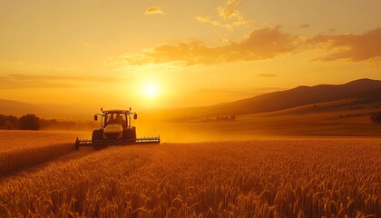 Fototapeta premium A tractor harvesting wheat in a vast golden field at sunset, with the sun s rays illuminating the crops, creating a peaceful rural scene filled with warm tones