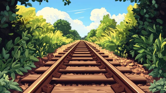 Scenic double track railway surrounded by lush greenery under a bright blue sky, ideal for travel-themed backgrounds with spacious copy area.