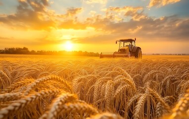 Fototapeta premium A tractor working in a wheat field at sunset, with the golden hues of the sky reflecting on the crops, highlighting the harvest process during the golden hour