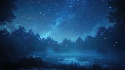 Time lapse of a starry night sky with shooting stars over a serene forest, showcasing the luminous Milky Way galaxy and a tranquil water surface
