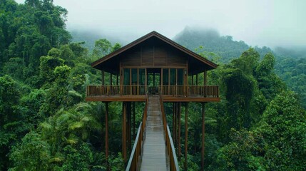 Eco-friendly treehouse retreat in lush rainforest emphasizing environmental consideration and resource sustainability
