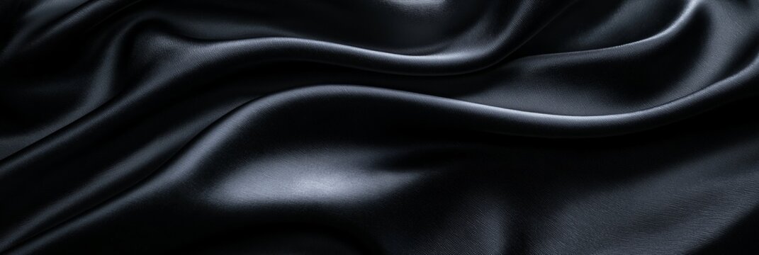 An elegant portrayal of smooth black satin fabric draping softly, highlighting its luxurious texture.