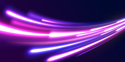 Fototapeta premium Blurred car light motion effect, city road background with long exposure night lights. Png, ray, abstract, energy, pack, effect. Acceleration speed motion on night road. Magic moving fast speed lines
