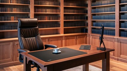 Ergonomic desk setup Classic office with wooden desk and bookshelves.