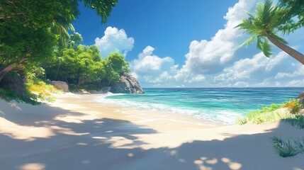 Tranquil tropical beach with clear blue waters, soft white sand, lush greenery, and a bright sky filled with fluffy clouds.