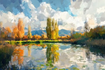 Naklejka premium Autumn reflections in a tranquil lake nature landscape peaceful environment