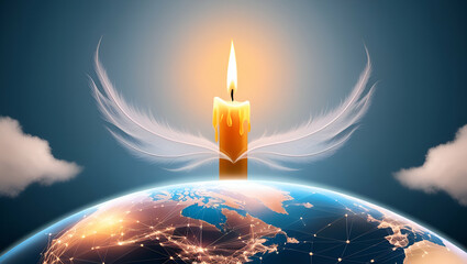 a radiant World Religion Day concept with a candlelight shining over a peaceful Earth, symbolizing unity, love, and interfaith understanding.