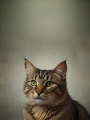 A cat sits against a plain background