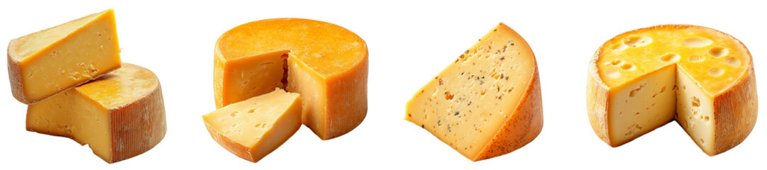 assorted yellow cheese variety round and wedge shapes transparent background