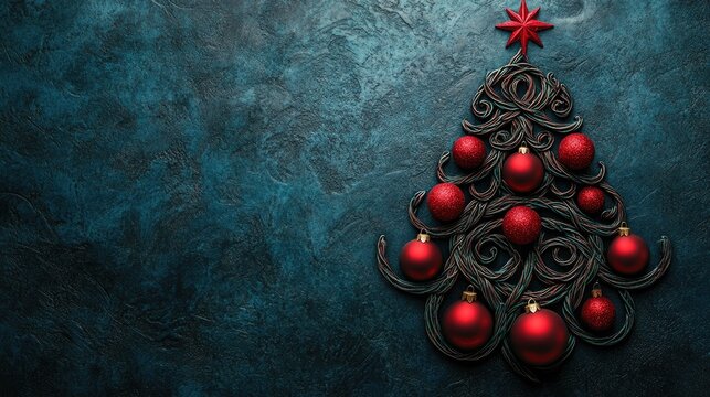 Celtic-inspired Christmas tree decorated with red ornaments against a dark blue background, perfect for a festive greeting card with customizable text space.